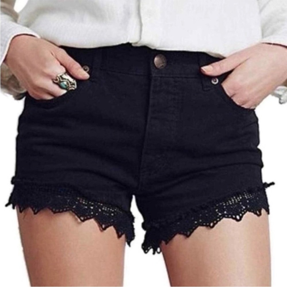 Free People Black Denim Jean Shorts with Eyelet Lace Trim 27